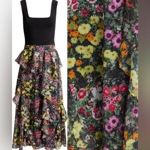 Ted Baker Black Floral Tiered Maxi Skirt with Pink, Yellow & Orange Blooms